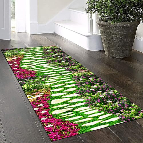 Yinghesheng Bunter Teppich Läufer Flur Küche 60x120cm rutschfest Waschbar 3D Grüner Grasweg Vintage Meterware,Teppichläufer Kücheläufer Brücken Teppich Läufer Polyester Anpassbar,Grass Green
