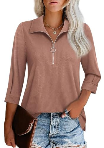 GRMLRPT Magliette 3/4 Manica Bluse da Donne Scollo a V Camicetta Tinta Unita Top Casuale Eleganti Camicie Sciolte T Shirt(Rosa,S)