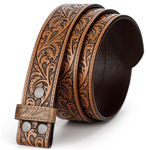 Beltroad Gürtel Ohne Schnalle Herren, Ledergürtel Ohne Schnalle Western Gürtel Wechselgürtel für Cowboy Cowgirl Jeans Gürtelschnalle Geschenkm, 3.8CM Breit, Blattmuster, Braun, 110cm