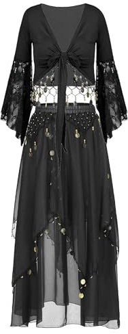 YiZYiF Damen Bauchtanz Kostüm Belly Dance Outfit Bauchtanz Oberteil Rock Haremshose Indische Tanzkleidung Set Karneval Fasching Kostüm Schwarz_B L
