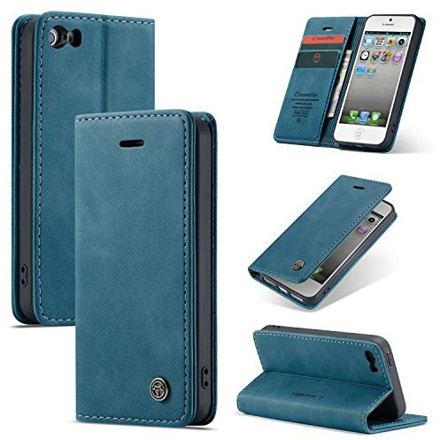 FERLAN Wallet Serie Handyhülle für iPhone 5/5S/SE 2016 Hülle,Leder Klappbar Flip Case Cover 360 Stoßfeste Case für iPhone 5/5S/SE 2016,Blau