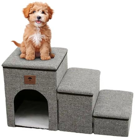 Dog Steps with Storage for Sofa and Bed - Multifunctional Pet Stairs for Small Dogs with Sleep Cubby & Cat Ramp, Dog Ramp for Couch Access, Pet Steps for Cats & Older Dogs (Grey)