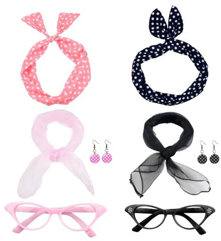 XNIVUIS 8 Stück 50er Jahre Accessoires Damen Zubehör, Rockabilly Accessoires 50er Jahre Damen Kleid Zubehör, 50er Jahre Kostüm Schal Polka Punkt Stirnband Ohrring Katzenauge Brille (Pink, Schwarz)