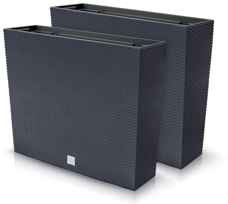 Juego de 2 macetas rectangulares para flores y plantas, de plástico, 58 x 18 x 49,8 cm, para interior y exterior, color negro, volumen 44 litros, diseño moderno