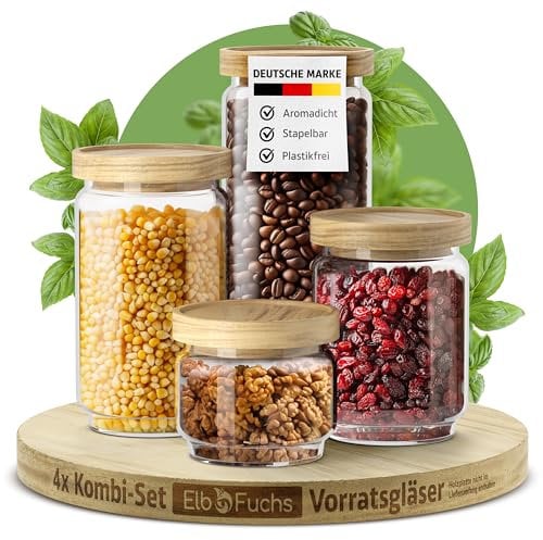 ElbFuchs® Vorratsgläser Set mit Deckel NEU [LUFTDICHT & MOTTENSICHER] Vorratsdosen Glas mit Holzdeckel | Aufbewahrungsgläser für Gewürze und Lebensmittel | 300, 500, 700 & 1000ml