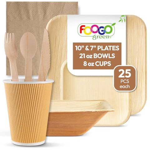 FOOGO Green 200pcs Disposable Palm Leaf Plates, Bowls, Cups, Napkins & Wooden Cutlery Set, FSC® Certified, 25x Large Square, 25x Small Plates, 25x Bowls, 25x Cups, 25x Napkins, 25x Cutlery Set