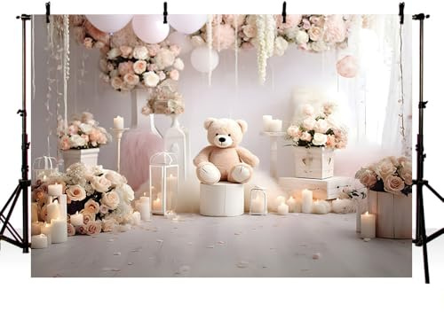 AIBIIN 7x5ft Beige Bear Photography Backdrop Flower Balloon Newborn Birthday Cake Smash Portrait Decor Banner Studio Prop Supplies
