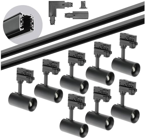 3-Phasen-Schienen-Set NEXTRACK - Schienensystem Komplett-Set mit 8x GU10 Spots und 2m+2m Schiene + 'L' Schalter außen + Endkappe (Schwarz, 2m+2m Schiene + Verbinder L)