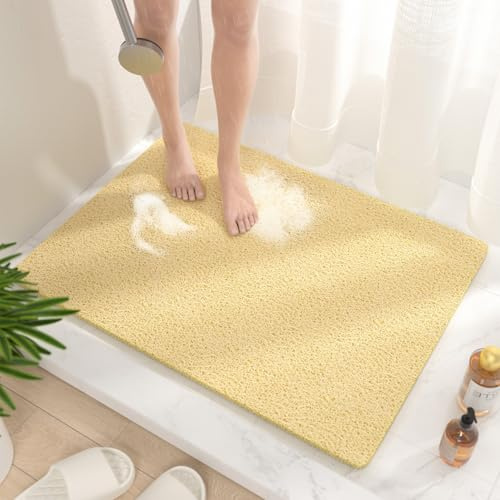 HITSLAM Duschmatte rutschfest, 80x60cm Badewannenmatte rutschfest mit Ablauf, Weiche PVC-Luffa Antirutschmatte Badewanne, Schnell Trocknende Badematte, Beige