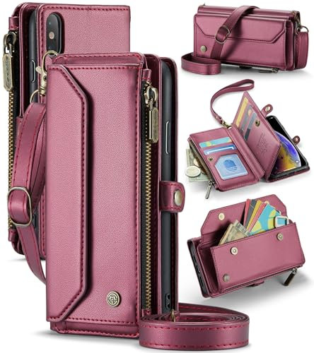 UFinetech Custodia Portafoglio per iPhone X, Custodia per iPhone XS - Blocco RFID, Ricarica Wireless, Antiurto, Tracolla Regolabile, Slot Carte, Pelle PU, Supporto Integrato, Bordeaux