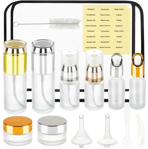 Nokiils 16 Pack Glass Travel Bottles - TSA Approved Travel Size Containers, Mini Gold and Silver Skincare Containers