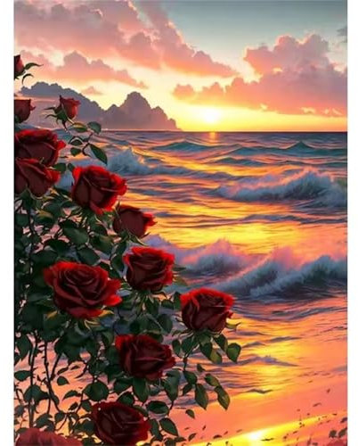 QiHon Peinture par Numéros pour Adultes Coucher Soleil, Peinture par Numéro Adulte Rose Vagues, DIY Kits de Peinture à L'huile avec Peinture et Pinceau 55x70cm (Cadre DIY)