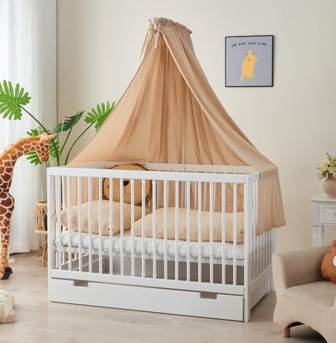 ALAVYA HOME® Komplettbett Babybett 70x140 mit Matratze, Schublade, Himmel und Himmelstange aus Buchenholz (Tobi - Schublade + Himmel Beige + Himmelstange, 70 x 140 cm)