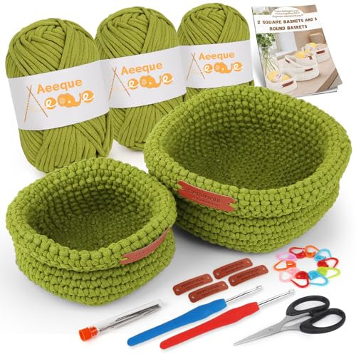 Aeeque 2pcs Körbe Häkeln Set, Quadratischer Häkelkörbe Häkel Set mit Deutsch Anleitung für Erwachsene, Häkeln für Körbe DIY, Textilgarn zum Häkeln Tasche, Komplett Häckel Kit mit Zubehör, Grün