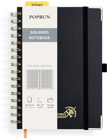 POPRUN Spiral Notebook A5, Taccuino a Quadretti con 141 Pagine Numerate, Quaderno con Etichette Autoadesive e 8 Fogli Staccabili, Carta Spessa 120 GSM, Nero (BK)