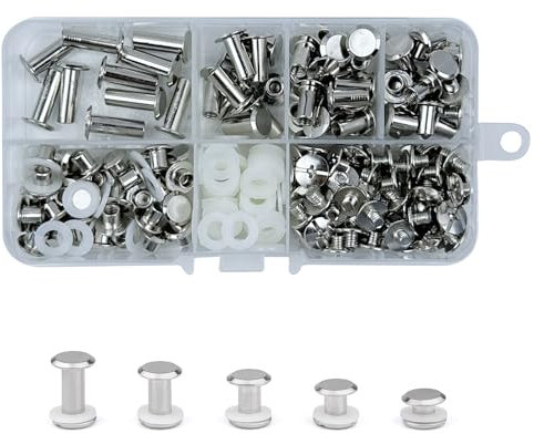 KUKUJIWA 80 Juego de tornillos Chicago,M5*5/8/10/12/15mm Juegos Remaches Tornillo de Encuadernacion,Remaches Para Cuero,reparación de remaches de metal para bolsas,equipaje(Plata)