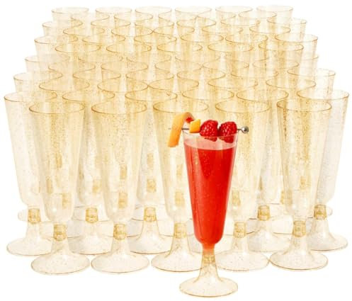 MATANA 200 Premium Elegant Plastic Champagne Flutes with Gold Glitter, 150ml - Reusable Toasting Glasses, Cocktail Prosecco Glasses for Weddings, Birthdays, Christmas, BBQ, Parties