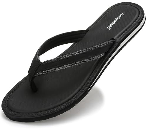 ARRIGO BELLO Flip Flops Damen Zehentrenner Sommer Bequem Sandalen Strand Glänzend Schuhband Frauen Rutschfest Badelatschen Größe 36-41 (Schwarz, EU 39)