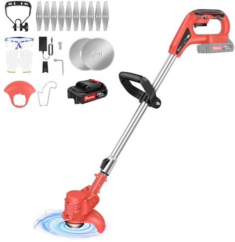 Strimmer, Garden Strimmer Cordless, 21V Electric Grass Trimmer with 1500mAh Lithium Battery,10 Metal Blades, 90° Adjustable Cutting Head Lawn Trimmer for Edger Pruning Weed