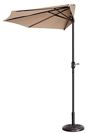 Halbrunder Sonnenschirm mit Kurbel, UV-Schutz, 2,7 m / 3,0 m, halbrund, für Garten, Terrasse, Strand, nicht kippbares Design, coffee, 270cm/106.3''