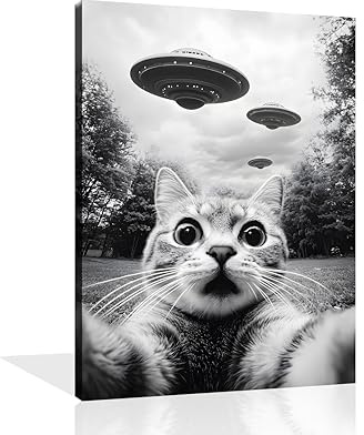 OWNANRTHM Lustige Katze, Leinwand-Kunst, schwarz-weiße Katze, Wandkunst Katze und UFO, Alien, Wandkunst, Vintage-Katzen-Poster, Katze, Badezimmer, Gemälde, lustige Katzenbilder für Wohnzimmer,