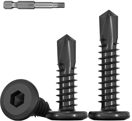 FandWay 50 viti autofilettanti per acciaio, viti autofilettanti M5,5 x 45 mm per metallo, viti Tek a testa esagonale piatta, viti a brugola per lamiera in acciaio inossidabile 410, rivestimento nero