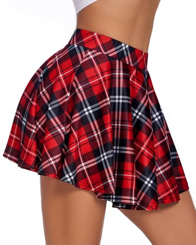 Avidlove Mini Jupe Femme Sexy Ligne A Taille Haute Courte Jupe Patineuse Élégante Plissée Extensible Basique Décontractée Tennis Rouge XL