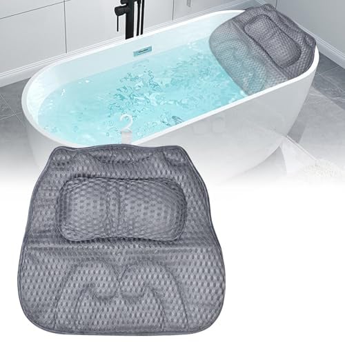 Badewannenkissen, Kopfstütze Wannenkissen, Stützt Kopf Nacken Rücken Kissen, Badewanne Rücken mit 4D Mesh Echnologie und Saugnäpfen für Home Spa Und Badewanne Grau