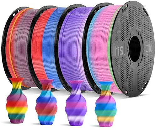 Inslogic Rainbow PLA 3D Drucker Filament, Mehrfarbiges PLA Filament Paket für 3D Druck, Mattes Finish, Farbwechselndes Filament 1,75mm, 1kg x 4 Pack, Rainbow 01-04