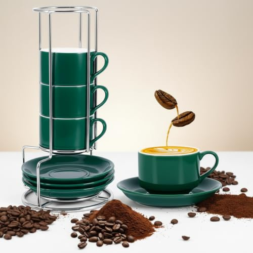 Espresso Cups Set, 100ml Ceramic Coffee Cups and Saucers Set Porcelain Cappuccino Cups with Metal Stand, Coffee Mug Stackable Espresso Mug Set of 4 for Coffees Drinks Latte Tea, Gift for Women