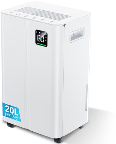 20L/day Dehumidifier with Digital Humidity Sensor & Display - 24-Hour Timer, 3 Dehumidification Modes, Continuous Drain, Ideal for Bedrooms, Office, Basements, White-Upgraded