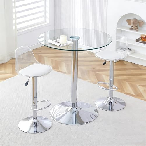 A ALFRESCOOL Bar-Set, Esstisch mit 2 Stühlen, Esstisch-Set, 89cm Runder Glastisch + 2 Hocker mit Beinen, 360°-Drehung, Höhenverstellbar & Drehbar, für Wohnzimmer, Küche, Essbereich (Silber)