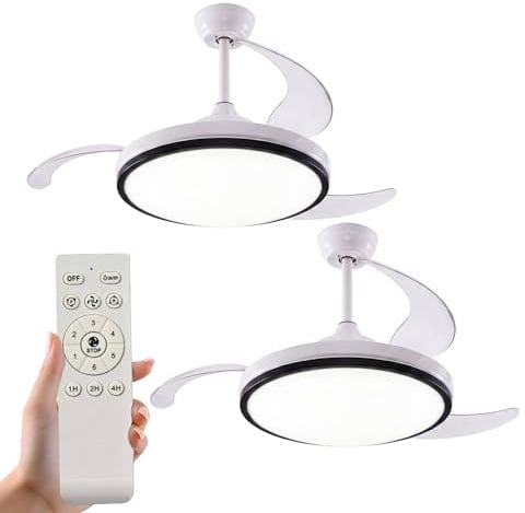 Well Home Deckenventilator mit LED-Licht, Ø 53 x 30 cm, versenkbare Flügel, leise, 6 Geschwindigkeitsstufen, Fernbedienung und dimmbares Licht, 3 Töne