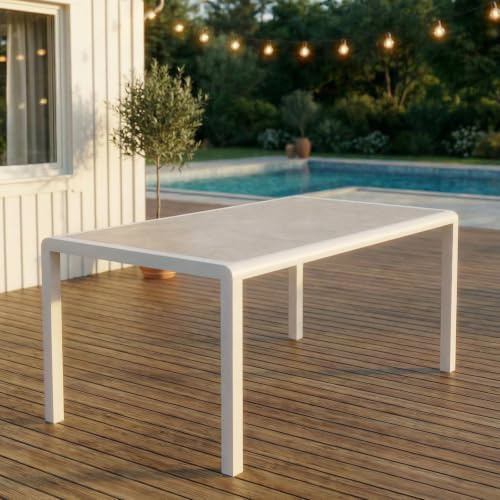 IDIMEX Gartentisch Trapani 160x90 cm, Weiß - Terrassentisch mit gehärteter Glasplatte in Steinoptik, Aluminiumgestell, pflegeleicht und wetterbeständig für 6 Personen