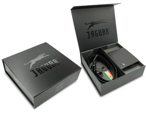 JAGUAR Regalo Uomo Cofanetto Portafoglio Uomo in Pelle Nera e Cinta in EcoPelle, Idea Regalo Originale Compleanno con Elegante Cofanetto con Marchio, Cintura Taglia Unica Accorciabile