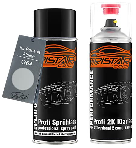 TRISTARcolor Autolack 2K Spraydosen Set für Renault/Alpine G64 Gris Argent Metallic/Star Silver Metallic Basislack 2 Komponenten Klarlack Sprühdose