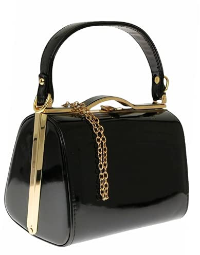 Leah Ward Ladies Women's Chic Patent Top Handle Clutch Handbag Wedding Evening Bags (Black)