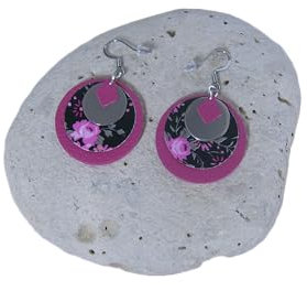 Boucles d'Oreilles Originales Rose Fuchsia/Fushia/Noir/Argenté/couleur argent Cuir/Papier/Métal Dormeuse, clip possible pas cher petit prix Crochets en Acier Inoxydable