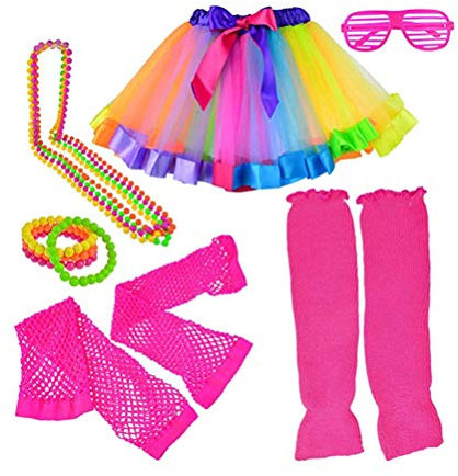 1 Satz Kostüm-ohrringe Aus Den 1980er Jahren Halsketten Mit Neonperlen 80er Faschingskostüm Neon- Regenbogen-tutu-röcke Fingerlose Netzhandschuhe Kleidung Damen Perlenkette