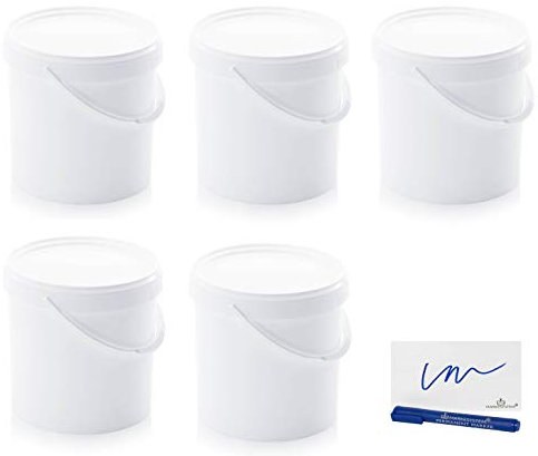 MARKESYSTEM - Cubo HERMÉTICO Catering - Pack 5 x 18 litros - Cubos de Plástico con Tapa - Contenedores Apilables - Envasar Alimentos, Líquidos y Pinturas - Polipropileno Blanco + Kit Etiquetado