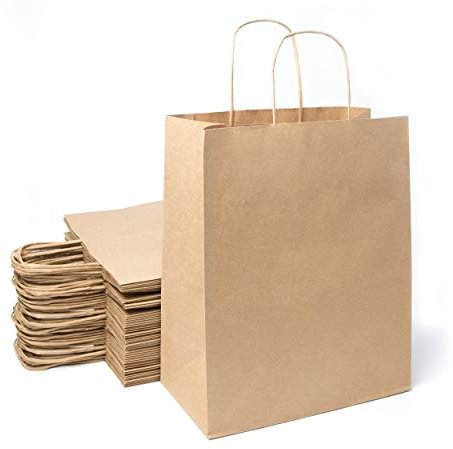 Extiff - Confezione di 50 sacchetti marroni in carta kraft con manici, 26 x 14 x 32 cm, shopping bag, confezioni regalo per compleanno, Natale o matrimonio