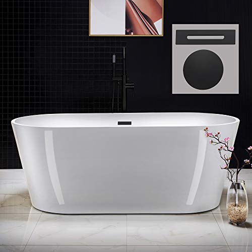 WOODBRIDGE 67 Acrylic Freestanding Bathtub Contemporary Soaking Tub, White Acrylic (Matte Black Drain/Overflow), B0013-MB-Drain &O