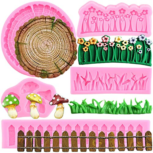 ZiXiang Tree Stump Fondant Mold Garden Picket Fence Silicone Molds Grass Flower Mushroom Chocolate Candy Mold For Cake Border Decorating Resin Gum Paste Set Of 5