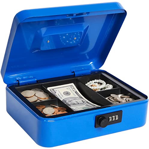 Geldkassette mit Zahlenschloss, Metall Spardose für Bargeld, Lovndi Lock Box mit Geldschale, 9,84 x 7,87 x 3,54 Zoll, Blau