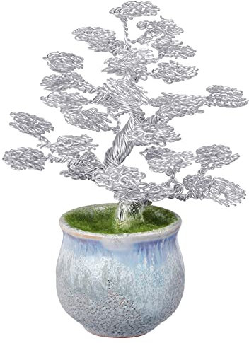 rockcloud Geldbaum-Skulptur aus Aluminiumdraht mit Keramiksockel, Feng Shui, Bonsai, Heimbüro, Dekoration für Glück und Reichtum, Silber