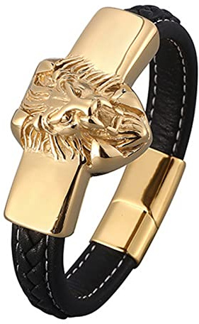 Skcess Männer Schmuck Gold，Kettenarmbänder Löwenkopf Lederarmband Rostfreier Stahl Armbänder für Herren