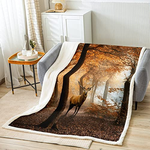 Hirsch Decke 100x130cm Wald Flanell Fleecedecke Braun Elch Kuscheldecke Natur Wald Tier Motiv Wohndecke Hirsch Muster Decke Atmungsaktives Leichtgewicht Mikrofaser für Kinder Erwachsene Dekorativ