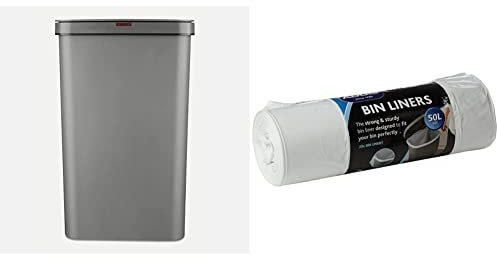 Tower T838005G Sensor Bin with Retainer Ring, Battery-Operated, 50L, Grey & Addis 518024 Kitchen Waste Bin Liners, White, 50 Litre