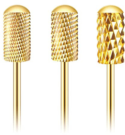 Safety nail drill bits set, Corfulra Nail Drill Bits 3/32'' Smooth Round Top Large Barrel Carbide Bits, Manicure Beginner Bits for Acrylic Gel Nails, (Gold,3PCS, 2XC, M, XF)