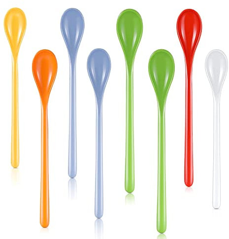 Lot de 8 Cuillères à café en plastique, cuillères en plastique Cuillères de cuisine en plastique colorées Cuillères à mélanger avec long manche pour confiture, miel, café, thé, crème glacée 19 cm